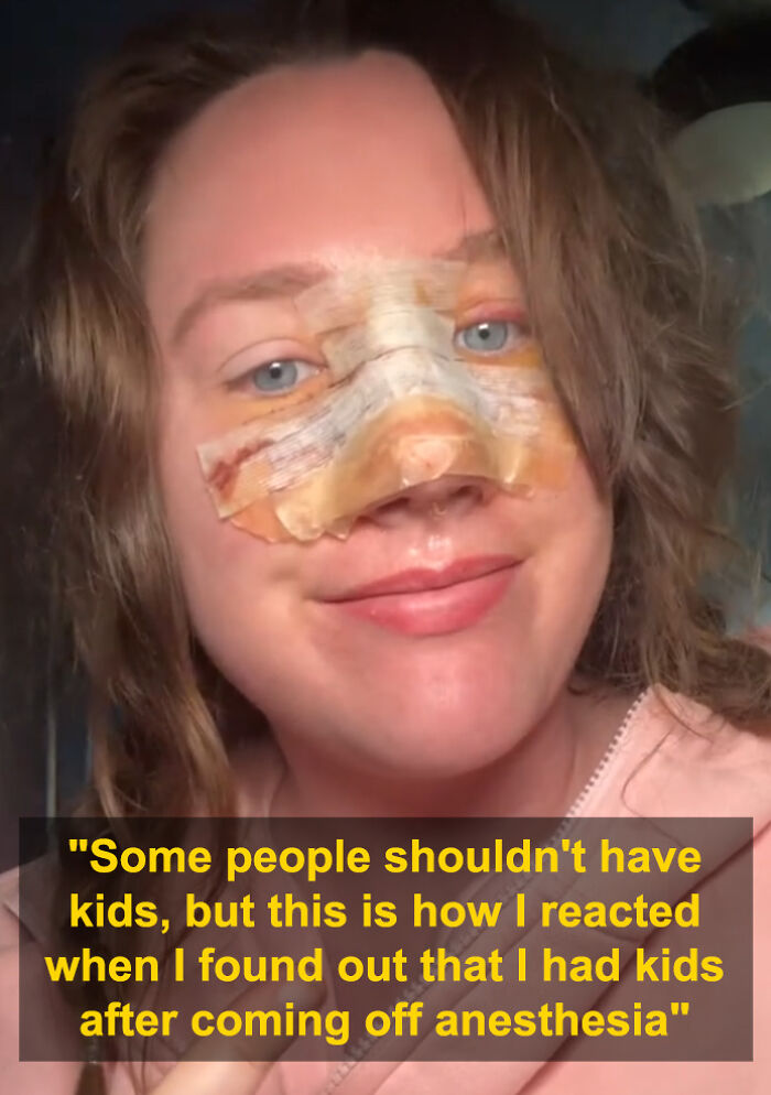 Woman with surgical nose bandages smiling, sharing her reaction after waking from surgery and discovering how many kids she had.