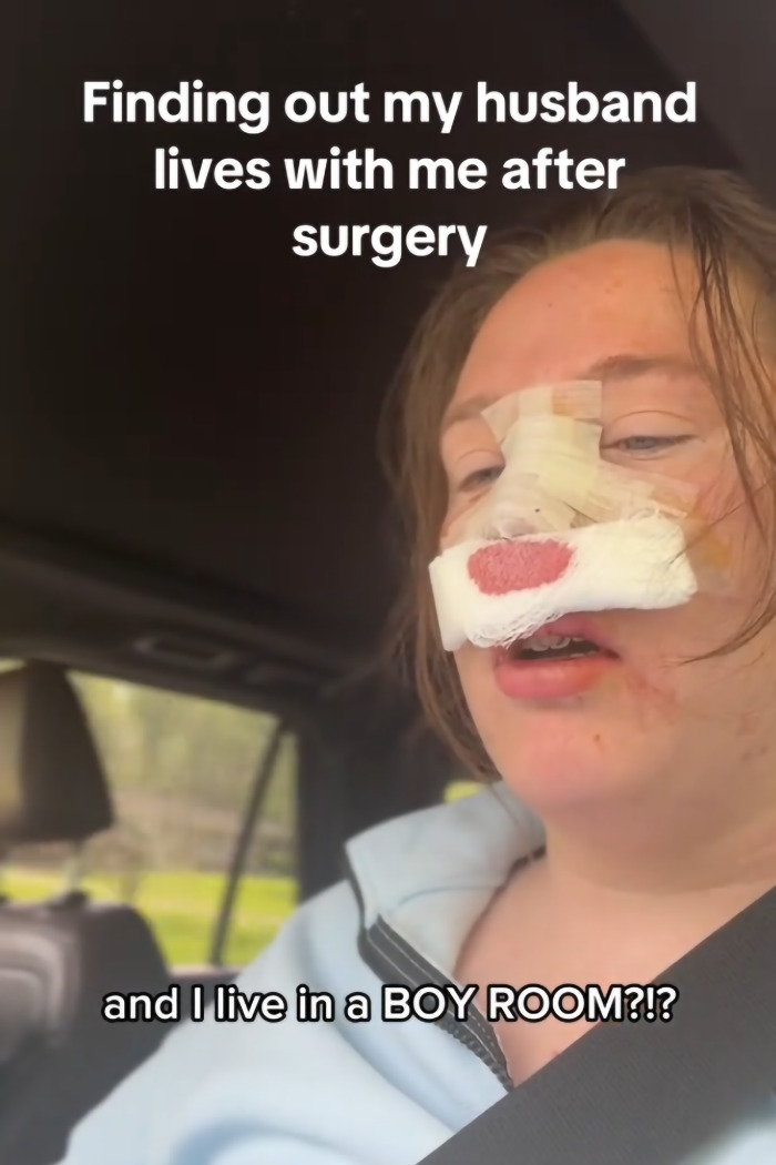 Woman waking from surgery with nose bandages, surprised and unprepared for how many kids she gave birth to at home.