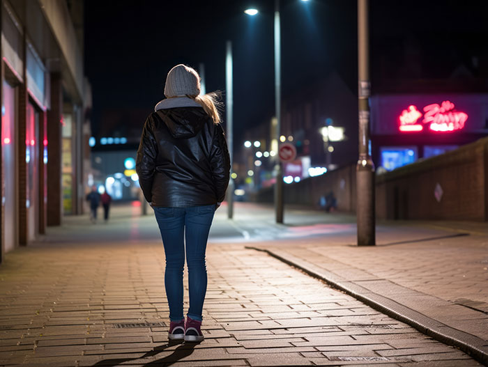 Person in a jacket and hat walking alone on a dimly lit urban street, capturing late night stroll instinct moments.