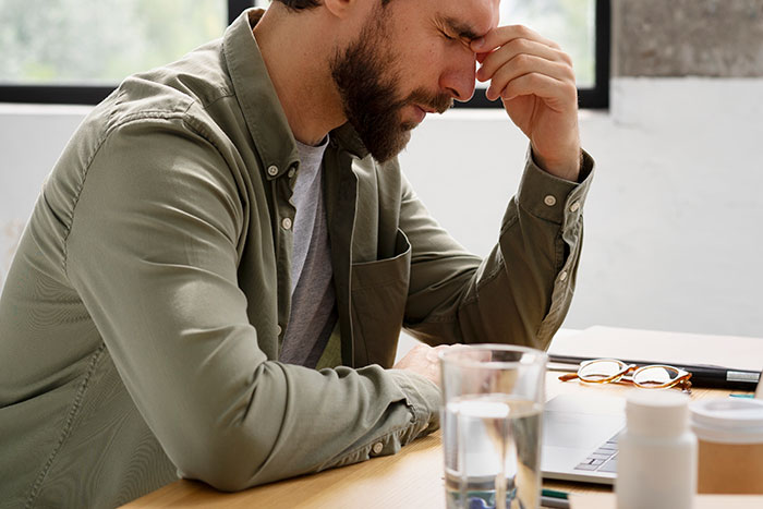 Man sitting at a desk with hand on forehead, appearing stressed while reflecting on instinct in real-life stories.