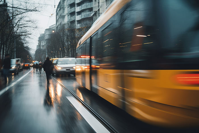 City street at dusk with blurred yellow tram and pedestrian, illustrating real-life stories where instinct was everything.