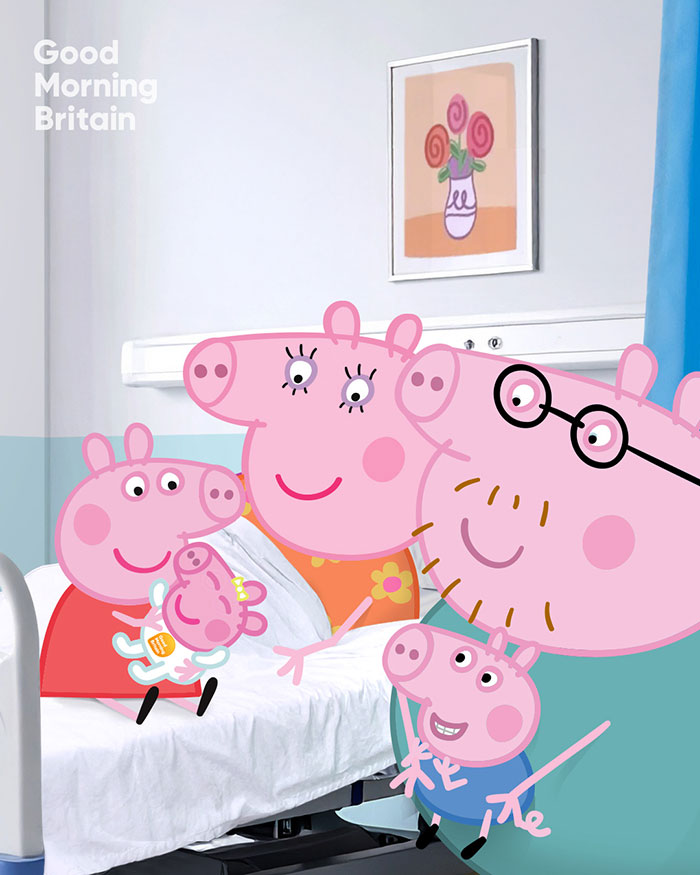 Peppa Pig family celebrating in hospital with Mummy Pig holding newborn baby after birth in a bright room. Peppa Pig family celebrating in hospital with Mummy Pig holding newborn baby after birth in a bright room.