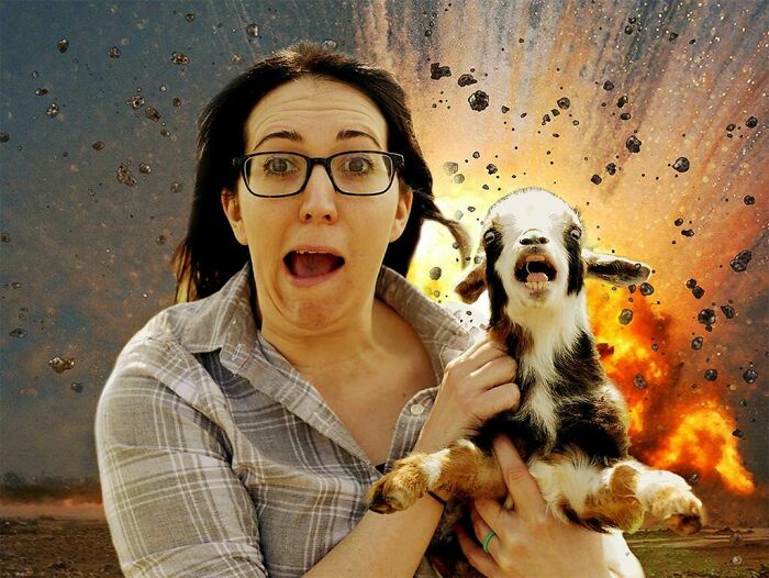 Woman and goat with shocked expressions in front of a fiery explosion, showcasing hilarious Photoshop skills humor.