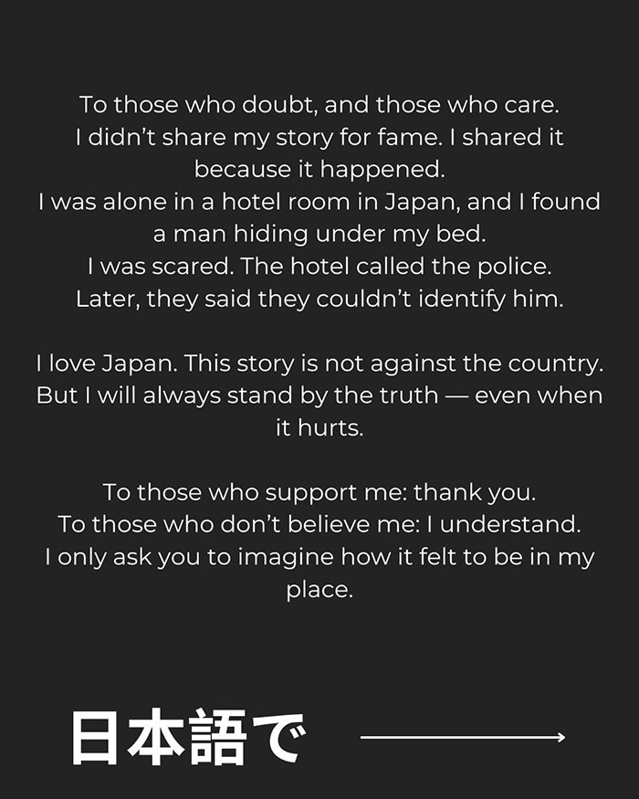 Alt text: Solo traveler recounts finding stranger hiding under hotel bed in Japan, describing fear and police involvement after phrogging incident.
