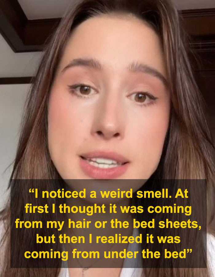 Young woman describing her experience spotting a stranger hiding under a hotel bed while solo traveling.
