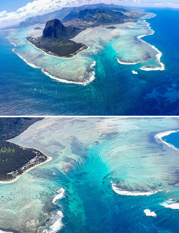 Aerial views of a rare natural phenomena showing a stunning underwater waterfall illusion near a tropical island.