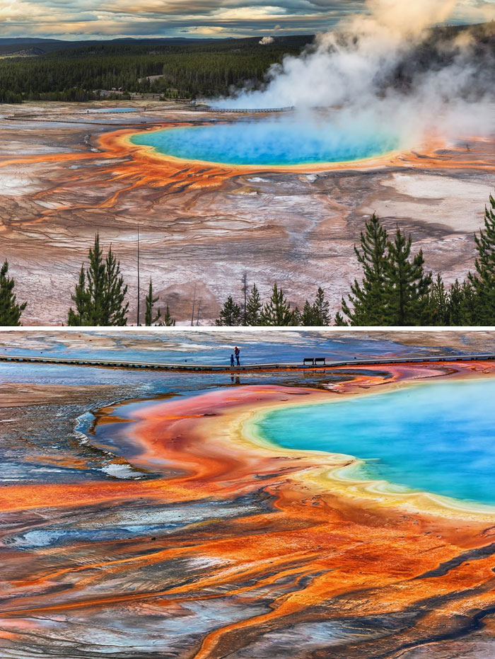 Colorful geothermal hot spring emitting steam in a forested area, showcasing rare natural phenomena with vibrant mineral patterns.