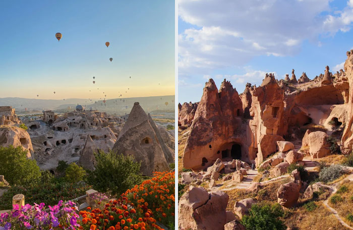 Colorful flowers and hot air balloons over rocky formations capturing rare natural phenomena in a beautiful landscape under a clear sky.