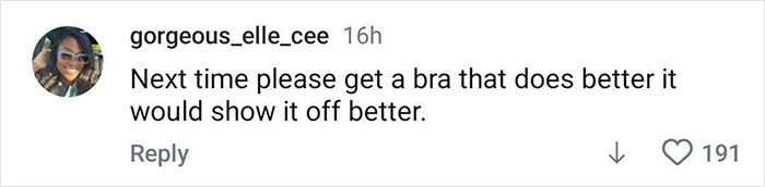 Screenshot of a social media comment discussing a bra, unrelated to Lizzo strips down or weight loss keywords. Screenshot of a social media comment discussing a bra, unrelated to Lizzo strips down or weight loss keywords.