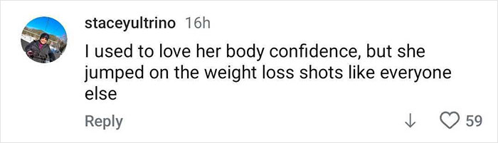 User comment on social media mentioning body confidence and weight loss shots related to Lizzo's weight loss journey. User comment on social media mentioning body confidence and weight loss shots related to Lizzo's weight loss journey.