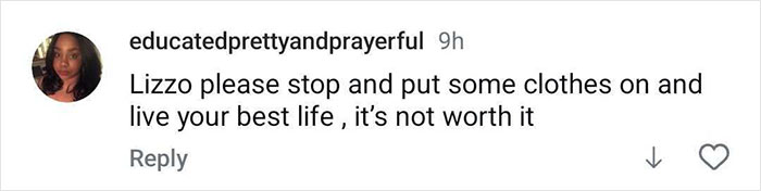 Comment on social media post expressing concern about Lizzo’s choice to show off her body after weight loss goal. Comment on social media post expressing concern about Lizzo’s choice to show off her body after weight loss goal.
