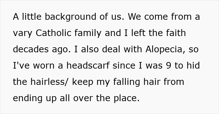 Text excerpt about a bride&rsquo;s cousin with alopecia wearing a headscarf amid religious family conflict.