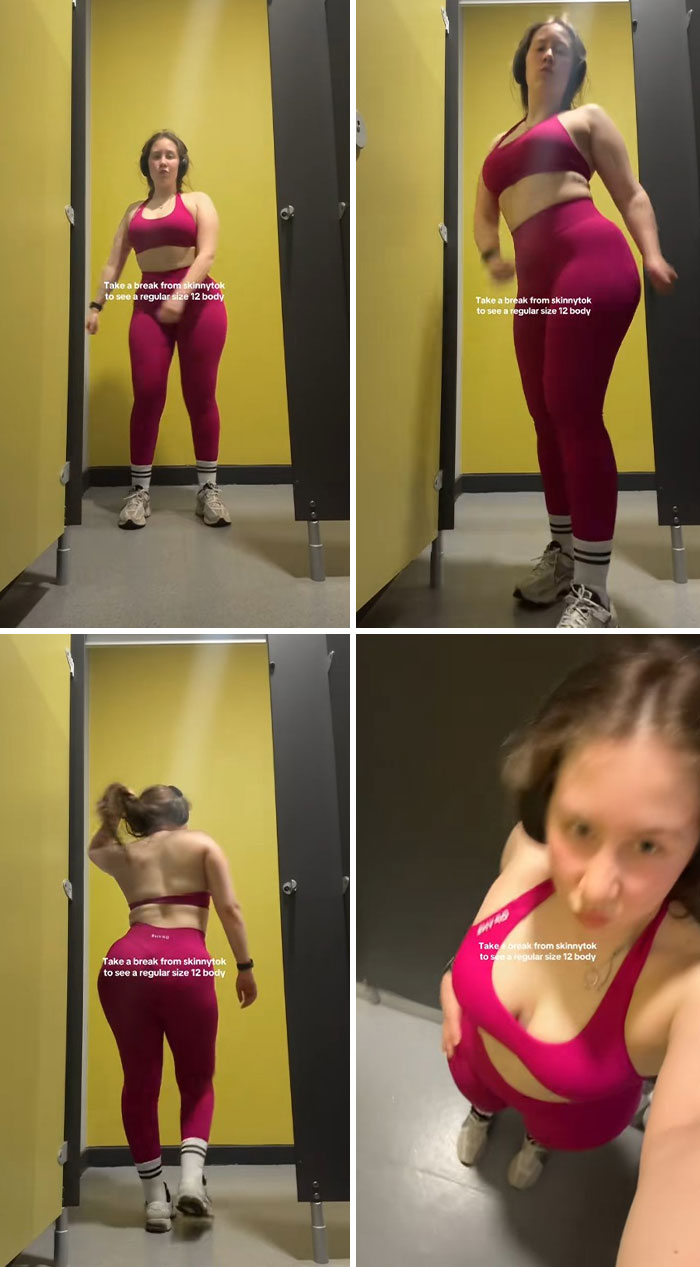 Woman in bright pink activewear in a gym changing room showcasing unedited bodies as a break from skinny-tok standards.