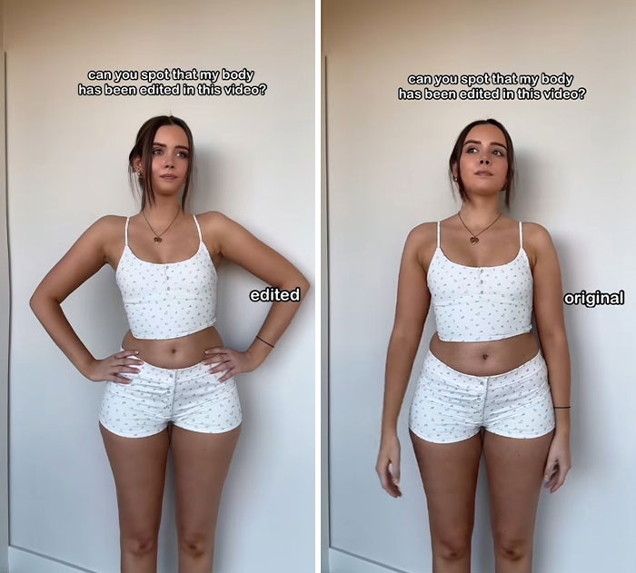 Side-by-side comparison of edited versus original unedited bodies of women challenging Skinny-Tok beauty standards.