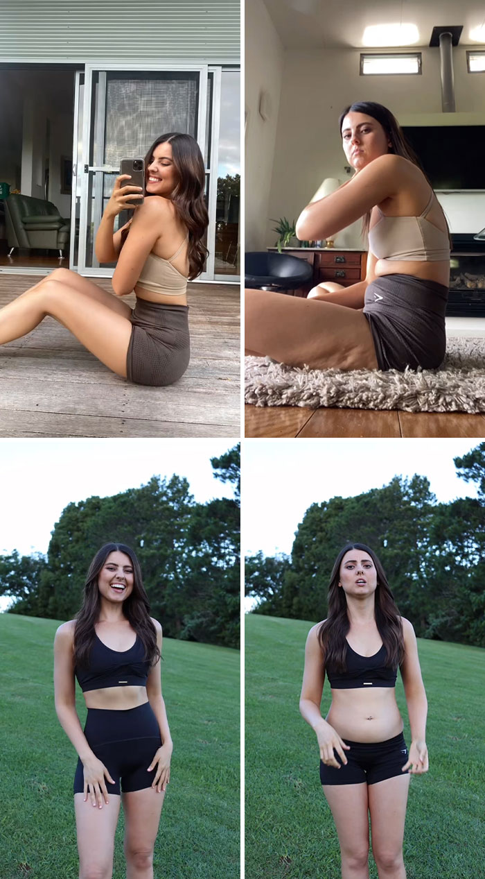 Woman showing unedited bodies side by side in activewear, highlighting natural skin and body shapes against outdoor and indoor backgrounds.