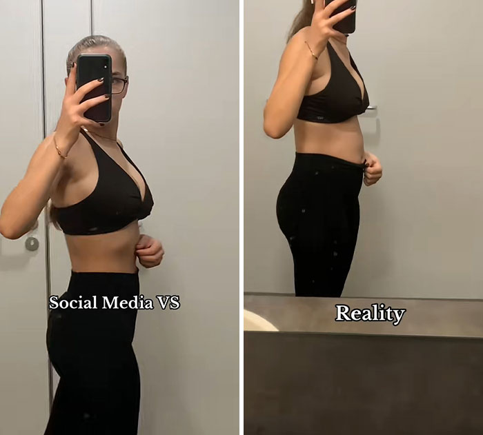 Woman showing social media vs reality unedited body comparison in black workout clothes, highlighting unedited bodies and body positivity.