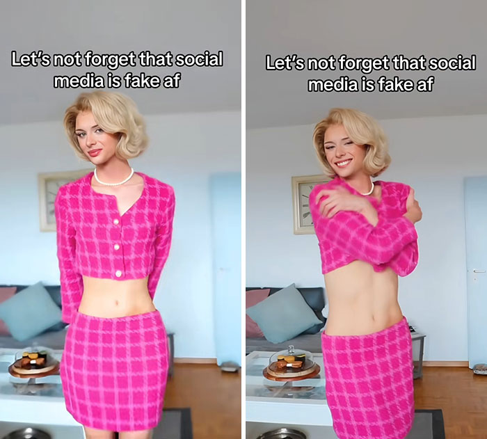 Woman in pink outfit illustrating unedited bodies, highlighting the reality behind social media and skinny-tok standards.