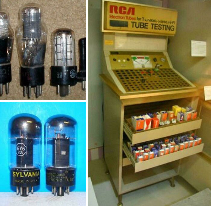 Vintage electronic tubes and an RCA tube testing machine showcasing nostalgic photos of old technology.