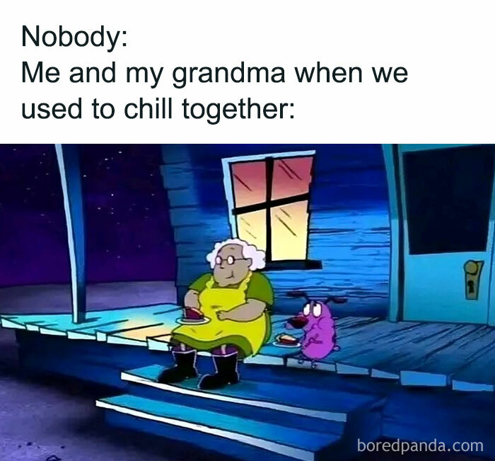 Cartoon meme showing grandma and dog chilling on porch with nostalgic vibes for millennials from the ‘80s, ‘90s, and ‘00s.
