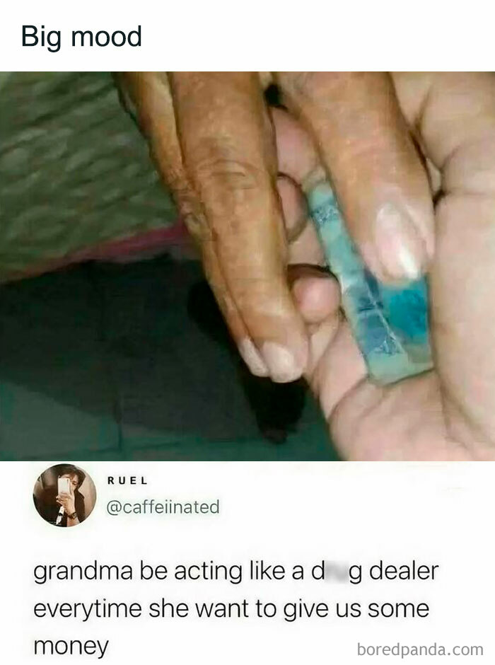 Hands exchanging money with text about grandma behavior, a nostalgic meme reflecting life in the 80s 90s and 00s for millennials.