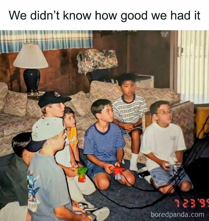 Group of kids playing video games in a living room, capturing nostalgia and life in the 80s 90s and 00s millennials era