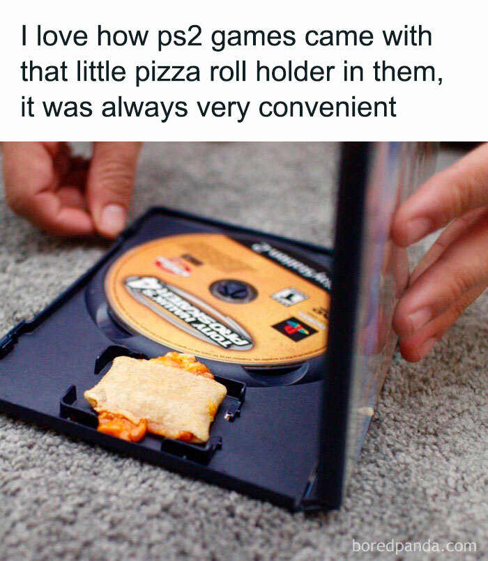PS2 game case with a pizza roll placed in the disc holder, nostalgic meme hinting at life in the 90s and 00s.
