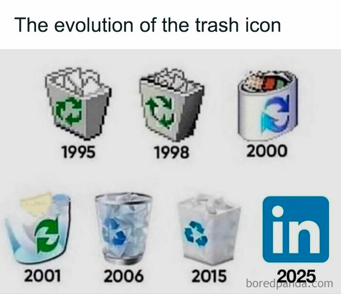 Evolution of the trash icon from 1995 to 2015 with a 2025 meme highlighting nostalgia for millennials.