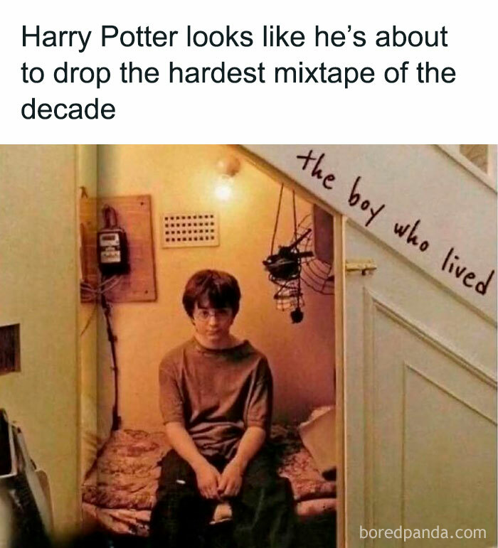 Young Harry Potter sitting in a cozy room with text about nostalgia memes hinting at life in the 80s, 90s, and 00s.