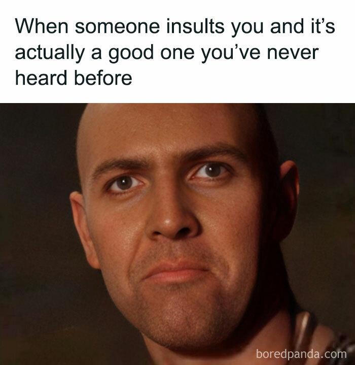 Man with a skeptical expression reacting to a clever insult, a humorous meme related to nostalgia and millennials.