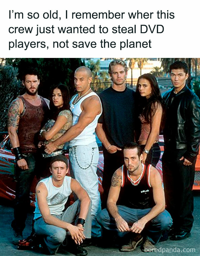 Group of actors from early 2000s action movie posing with a caption about nostalgia and DVD players.