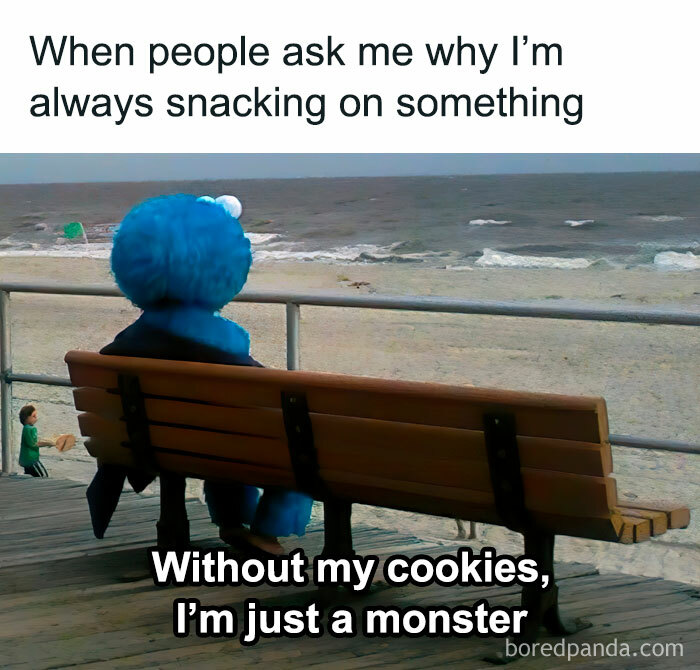 Sesame Street character Cookie Monster sitting on a bench by the ocean, reflecting on snacks in a nostalgic millennial meme.