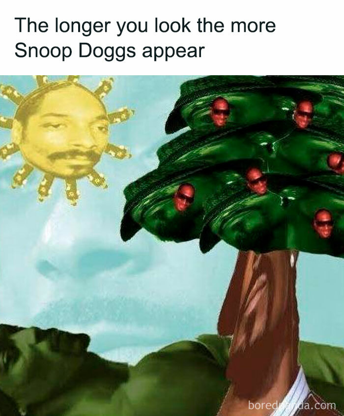 Surreal meme with Snoop Dogg faces on sun and tree, blending humor and nostalgia for millennials from the 80s, 90s, and 00s.