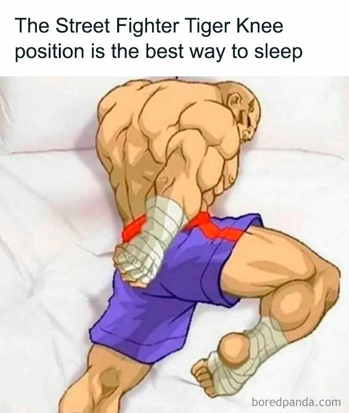 Street Fighter character demonstrating the Tiger Knee pose as a humorous meme about sleeping positions from nostalgia memes.