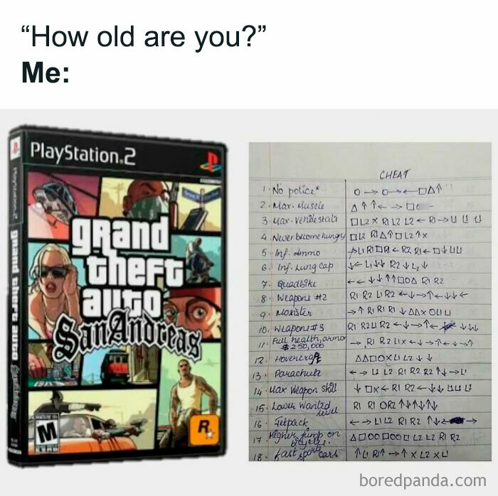Grand Theft Auto San Andreas game case and handwritten cheat codes nostalgic for ‘80s ‘90s and ‘00s millennials memories