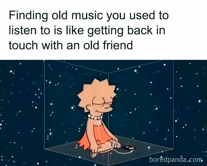 Alt text: Lisa Simpson cartoon meme about nostalgia and life in the 80s, 90s, and 00s with old music memories.