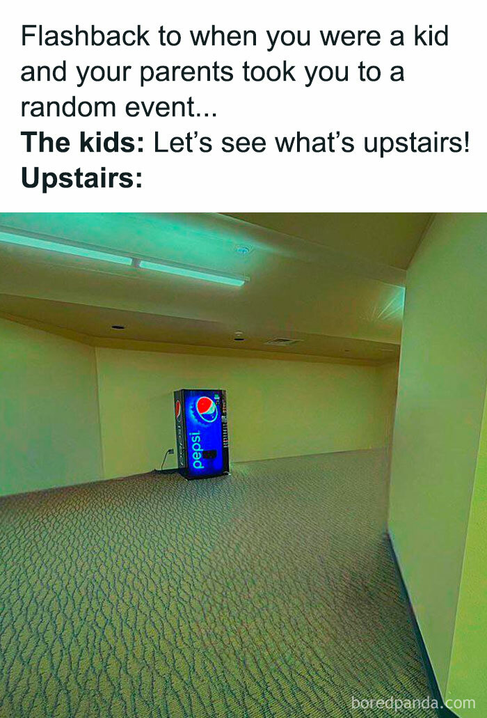 Empty upstairs room with a Pepsi vending machine, illustrating nostalgia memes about life in the 80s 90s and 00s for millennials.