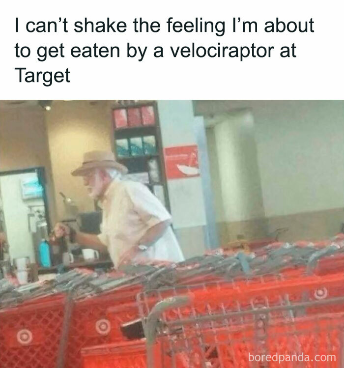 Man in a hat at Target with shopping carts, humorous meme hinting at nostalgia and life in the 80s, 90s, and 00s for millennials.