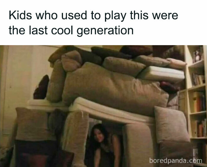Kids building a fort from couch cushions, a nostalgic meme hinting at childhood fun for millennials in the 80s, 90s, and 00s.