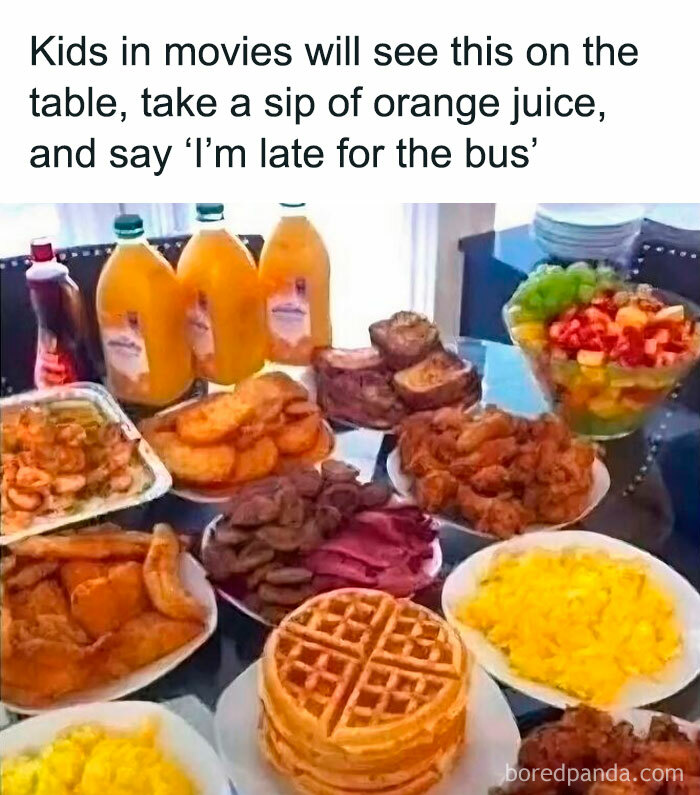 Breakfast spread with waffles, scrambled eggs, fried chicken, orange juice, and nostalgic memes for millennials.