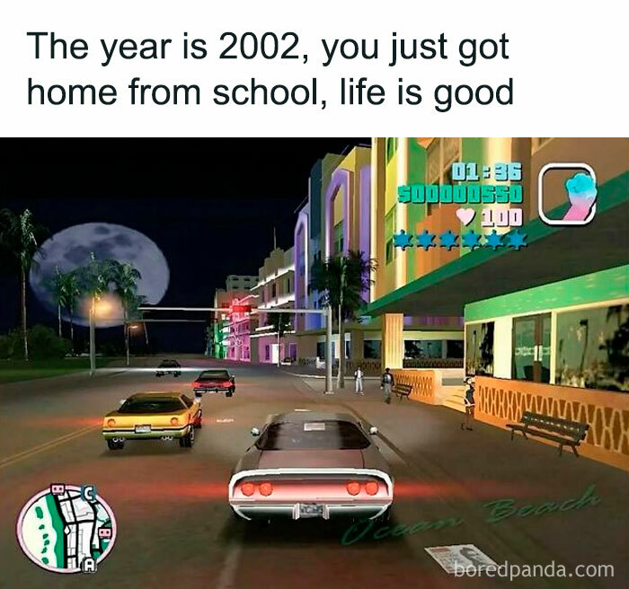Video game screenshot of a 2002 city street scene, evoking nostalgia with cool memes hinting at millennial life.