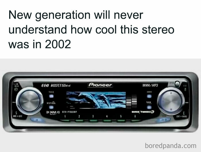 Vintage Pioneer car stereo from 2002 with nostalgic appeal in memes about life in the 80s 90s and 00s for millennials.