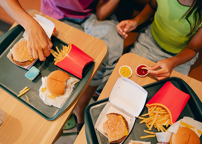 Two children eating fast food with burgers and fries on trays, highlighting concerns about feeding habits.
