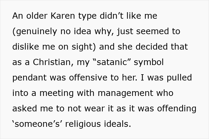 Text describing a woman using HR’s rule about religious symbols against a Karen who found her Christian pendant offensive. Text describing a woman using HR’s rule about religious symbols against a Karen who found her Christian pendant offensive.