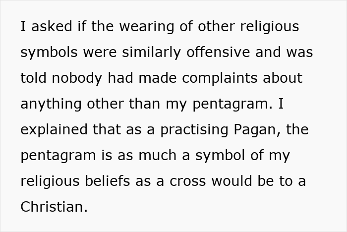 Text discussing a woman using HR’s rule about religious symbols to defend her Pagan beliefs against complaints. Text discussing a woman using HR’s rule about religious symbols to defend her Pagan beliefs against complaints.