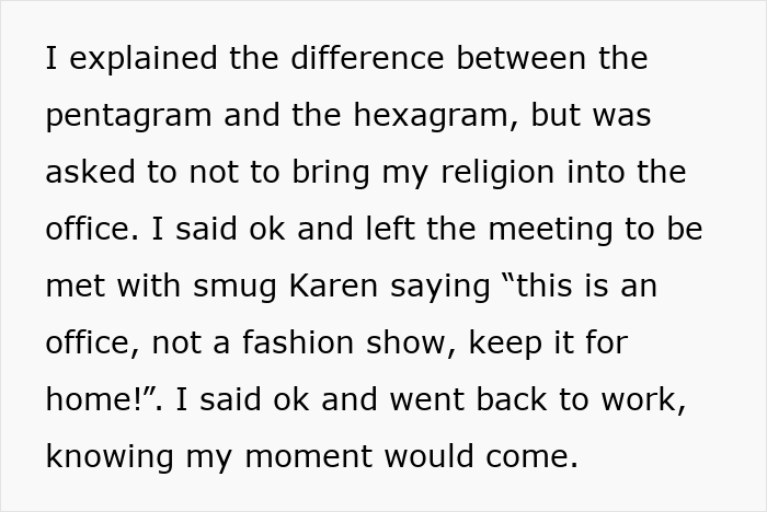 Text describing a woman using HR’s rule about religious symbols against a Karen in an office conflict. Text describing a woman using HR’s rule about religious symbols against a Karen in an office conflict.