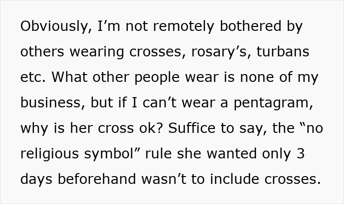 Text discussing HR’s rule on religious symbols, questioning why crosses are allowed but pentagrams are not. Text discussing HR’s rule on religious symbols, questioning why crosses are allowed but pentagrams are not.