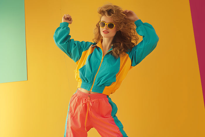 Woman wearing colorful retro stirrup pants and a matching jacket posing with sunglasses against a bright background