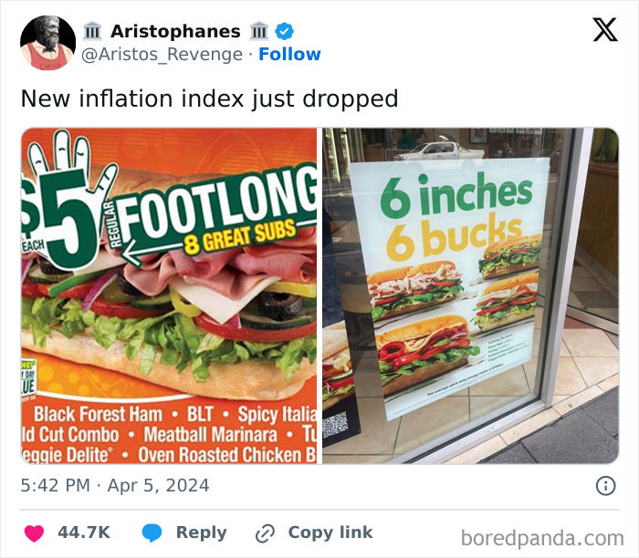 Sub sandwich price signs reflecting inflation and current life in the US through the eyes of Americans.