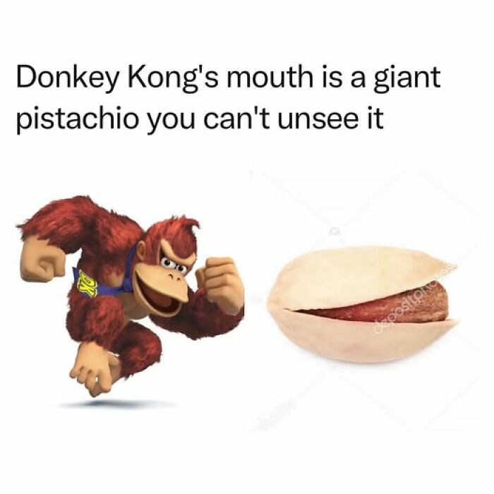 Donkey Kong meme comparing his mouth to a giant pistachio shell, evoking nostalgic good old days humor.