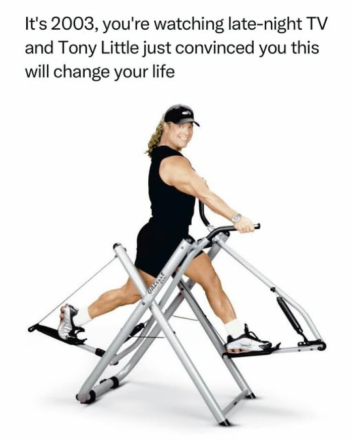 Man exercising on a fitness machine with nostalgic reference to early 2000s TV infomercials and good old days.